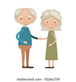colorful full body elderly couple embraced grandfather with curly hair and grandmother wavy short hairstyle in dress vector illustration