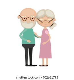 colorful full body elderly couple embraced bald grandfather with beard and glasses and grandmother collected side hairstyle in dress vector illustration