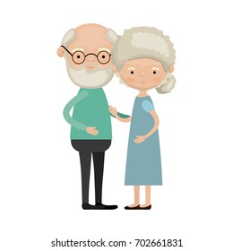 colorful full body elderly couple embraced grandfather with beard and glasses with grandmother curly bun hairstyle in dress vector illustration