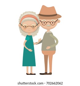 colorful full body elderly couple embraced grandmother bow lace and curly hairstyle in dress and grandfather with hat and moustache vector illustration