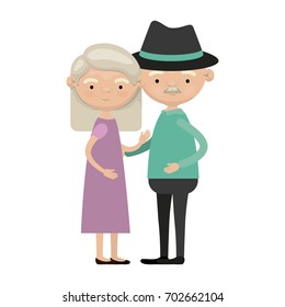 colorful full body elderly couple embraced grandmother straight hairstyle in dress and grandfather with hat and moustache vector illustration