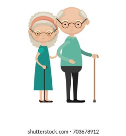 colorful full body elderly couple in walking stick grandmother bow lace and curly hairstyle in dress and grandfather with glasses vector illustration