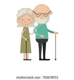 colorful full body elderly couple in walking stick grandmother wavy hairstyle in dress and grandfather with beard and glasses vector illustration