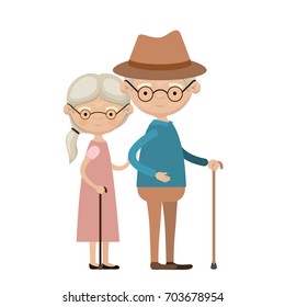colorful full body elderly couple in walking stick grandmother side ponytail hairstyle in dress and grandfather with hat and glasses vector illustration
