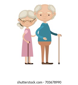 colorful full body elderly couple in walking stick grandmother side collected hairstyle in dress and grandfather with few curly hair vector illustration