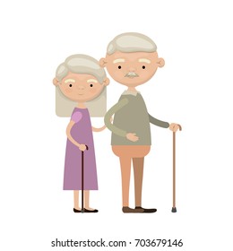 colorful full body elderly couple in walking stick grandmother straight hairstyle in dress and grandfather with moustache vector illustration