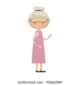 colorful full body elderly woman in dress with collected hairstyle and glasses vector illustration