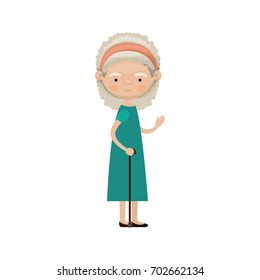 colorful full body elderly woman in walking stick with dress and bow lace and curly hairstyle vector illustration