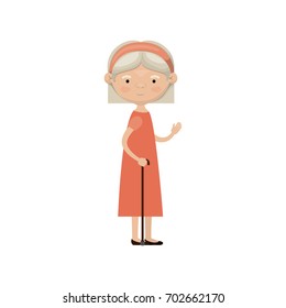 colorful full body elderly woman in walking stick with dress and bow lace straight short hairstyle vector illustration