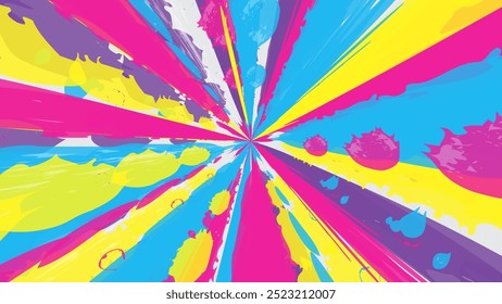 Bunte und lustige abstrakte Explosion Hintergrund Design strahlt aus dem Zentrum. Helles, dynamisches Radial-Burst-Muster mit chaotischer Farbspritzer