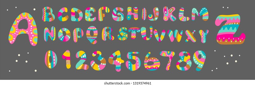 Colorful, fun alphabet and numbers, festive and fun for beautiful design of greeting cards or birthday invitations