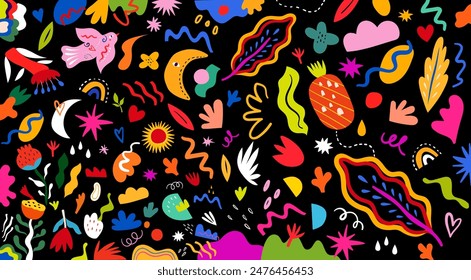 Colorful fun art floral background. Abstract bright doodles with flowers and leaves. Holiday festival ornamental decorative background. Brazil carnival background. Notebook cover