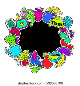 Colorful fun background of fruits stickers, icons, emoji, pins or patches in cartoon 80s-90s comic style. 