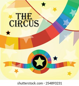 colorful fun background vector for circus theme party invitations posters or announcements, yellow background rainbow striped design and colorful banner design element with star, faded pennant flags