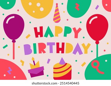 A colorful and fun birthday card design featuring balloons, confetti, and the words 'Happy Birthday'. Perfect for adding a cheerful touch to any celebration.
