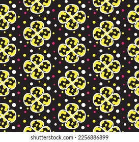 Colorful fun camouflage vector plaid geometric flowers 4 leaf clovers and colorful dots soft colored background pastel colors suitable for print seamless pattern designed for womenswear collection 