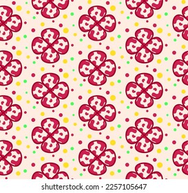 Colorful fun camouflage vector plaid geometric flowers 4 leaf clovers and colorful dots soft colored background pastel colors suitable for print seamless pattern designed for womenswear collection 