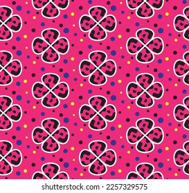 Colorful fun camouflage vector plaid geometric flowers 4 leaf clovers and colorful dots soft colored background pastel colors suitable for print seamless pattern designed for womenswear collection 