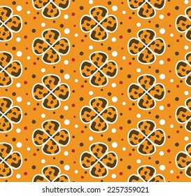 Colorful fun camouflage vector plaid geometric flowers 4 leaf clovers and colorful dots soft colored background pastel colors suitable for print seamless pattern designed for womenswear collection 