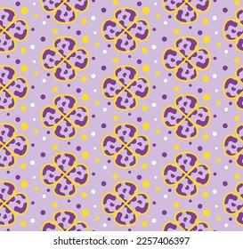 Colorful fun camouflage vector plaid geometric flowers 4 leaf clovers and colorful dots soft colored background pastel colors suitable for print seamless pattern designed for womenswear collection 