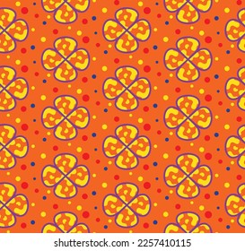 Colorful fun camouflage vector plaid geometric flowers 4 leaf clovers and colorful dots soft colored background pastel colors suitable for print seamless pattern designed for womenswear collection 