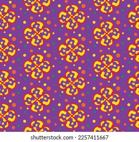 Colorful fun camouflage vector plaid geometric flowers 4 leaf clovers and colorful dots soft colored background pastel colors suitable for print seamless pattern designed for womenswear collection 