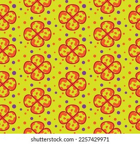 Colorful fun camouflage vector plaid geometric flowers 4 leaf clovers and colorful dots soft colored background pastel colors suitable for print seamless pattern designed for womenswear collection 