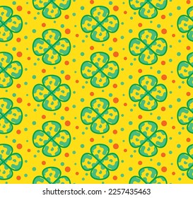 Colorful fun camouflage vector plaid geometric flowers 4 leaf clovers and colorful dots soft colored background pastel colors suitable for print seamless pattern designed for womenswear collection 