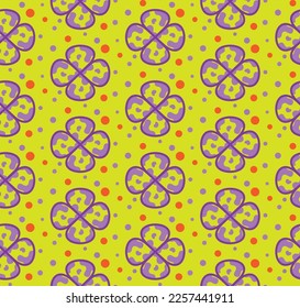 Colorful fun camouflage vector plaid geometric flowers 4 leaf clovers and colorful dots soft colored background pastel colors suitable for print seamless pattern designed for womenswear collection 
