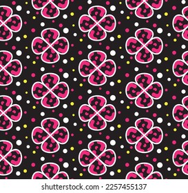 Colorful fun camouflage vector plaid geometric flowers 4 leaf clovers and colorful dots soft colored background pastel colors suitable for print seamless pattern designed for womenswear collection 