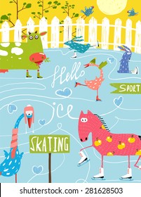 Colorful Fun Cartoon Farm Ice Skating Animals for Kids. Countryside amusing skating baby animals illustration for children. Vector EPS10.
