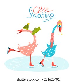 Colorful Fun Cartoon Ice Skating Geese for Kids. Countryside amusing skating baby animal illustration for children. Vector EPS10.