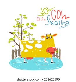 Colorful Fun Cartoon Ice Skating Cow for Kids . Countryside amusing skating baby animal illustration for children. Vector EPS10.