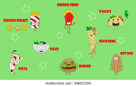 Colorful fun cartoon icons with fast food meals. Here are burger, tacos, hot dog, pizza, salad, french fries, nugget and shawarma. Vector