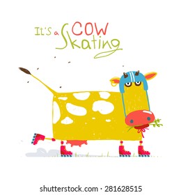 Colorful Fun Cartoon Roller Skating Cow Wearing Helmet for Kids. Countryside amusing skating baby animal illustration for children. Vector EPS10.