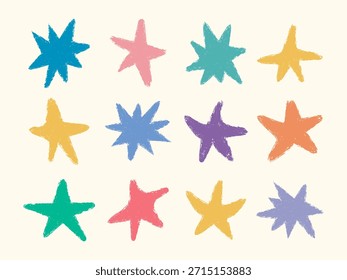 Colorful fun comic star set. Cute child drawings. Chalk crayon pencil texture stars silhouette. Retro shapes for baby design. Playful starburst design elements