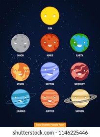 Colorful, fun, cute, cartoon bright solar system planet characters on universe background. Solar system planets icons vector set, educational, space concepts