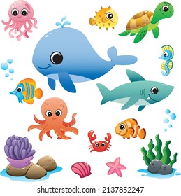 Colorful, Fun, and Cute Under Water Animal Sea Cartoon Vector Illustration for Kids