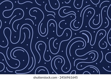 Colorful fun dark blue irregular doodle lines seamless pattern. Creative minimalist abstract style background for children with basic shapes. Brush, marker drawn bold geometric curved wavy ornament