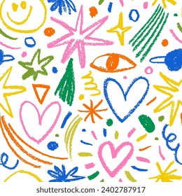 Colorido doodle de elementos infantiles patrón sin fisuras. Creativas formas de carbón o lápiz, varios trazos y formas básicas de estilo infantil. Corazones, estrellas, sonrisas, calamares y pulverizadores.