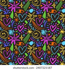 Colorful fun doodle childish elements seamless pattern. Creative cute charcoal or pencil shapes, various strokes and kid's style basic shapes. Doodle hearts, stars, smile, squiggles and speckles.