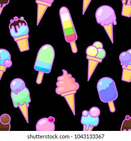 Colorful fun flat ice cream seamless pattern. Black background.