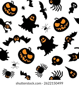 Colorful and fun Halloween designs feature pumpkins, friendly ghosts, bats, skulls, and spiders scattered across a white backdrop, perfect for festive decorations.