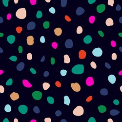 Colorful Fun Hand Drawn Polka Dot Circle Motif. Irregular Layout, Random Composition Design, Emerald Green, Hot Pink, Red, Blue. Elegant Stylish Timeless Vector. Classic Seamless Pattern With A Twist.