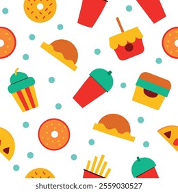 "Colorful and fun junk food pattern design vector illustration featuring burgers, fries, pizza, donuts, and sodas. Perfect for backgrounds, packaging, textiles, and digital projects. High-quality, sea