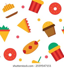 "Colorful and fun junk food pattern design vector illustration featuring burgers, fries, pizza, donuts, and sodas. Perfect for backgrounds, packaging, textiles, and digital projects. High-quality, sea