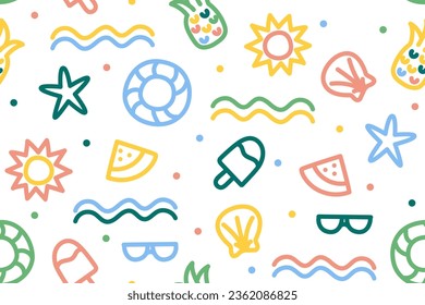 Colorful fun line art with summer beach doodle. Pattern with starfish, shells, sun, glasses, wave, pineapple, watermelon, ice cream, floats. Design for fabrics, clothing, tote bags, and wrapping.