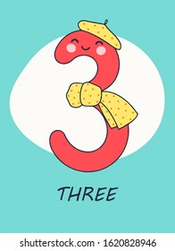 Colorful fun numbers for kids. This number is Three. Vector
