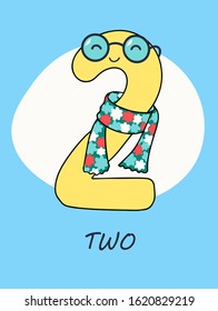 Colorful fun numbers for kids. This number is Two.  Vector