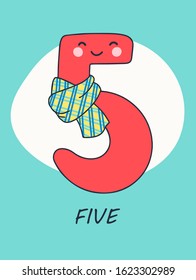 Colorful fun numbers for kids. This number is Five.  Vector